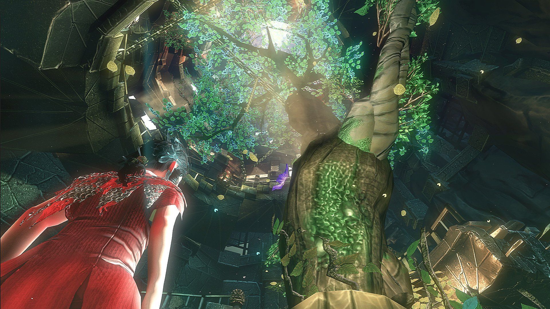 Toren's heroine in a red dress gazes up at a giant glowing tree