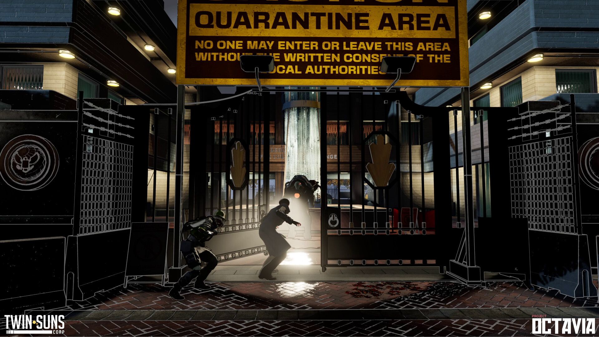 Two agents slip through the gate of a quarantine area at night