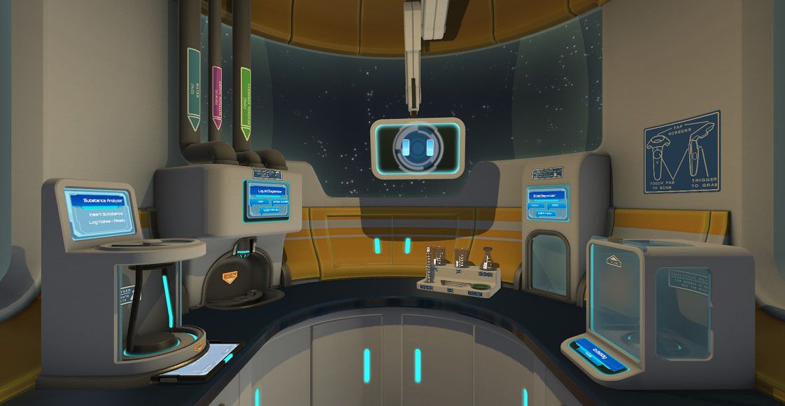 The SuperChem VR lab: a futuristic bench with dispensers and a robot assistant display