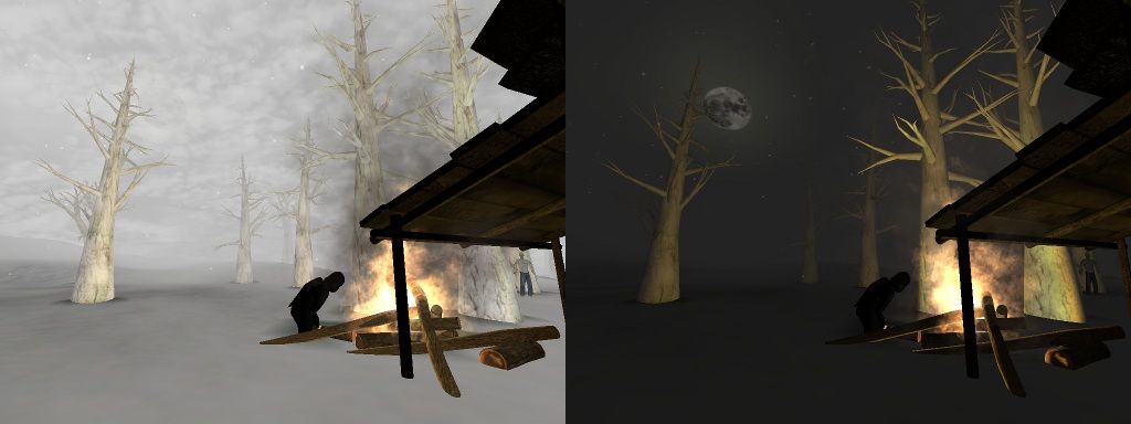 The same scene by day and by night, with a campfire under a shelter