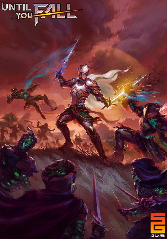 Until You Fall key art: an armored warrior swings a glowing blade against shadowy enemies