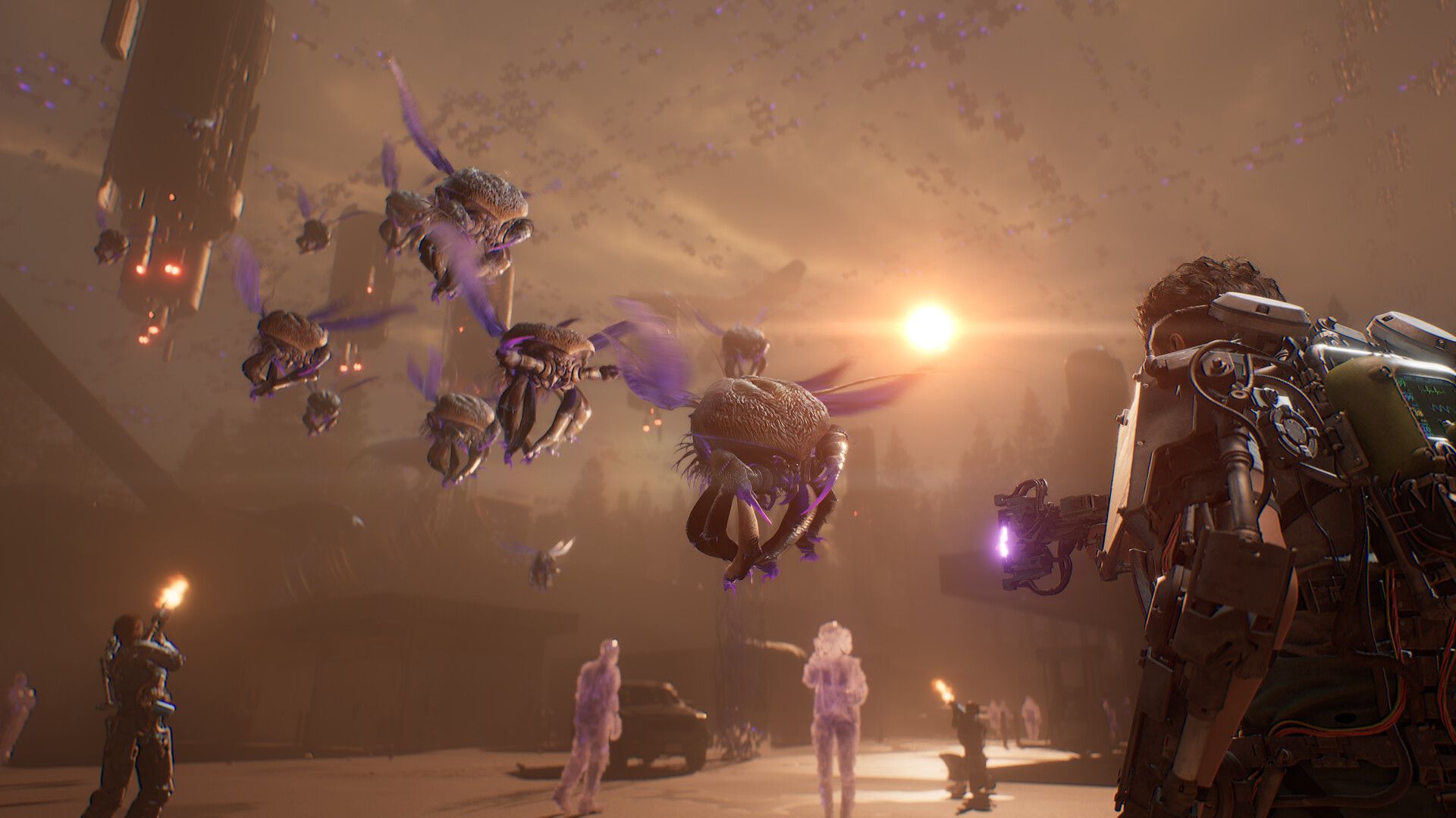 A crew in powered exosuits fights a swarm of winged alien creatures over a dusty street at sunset