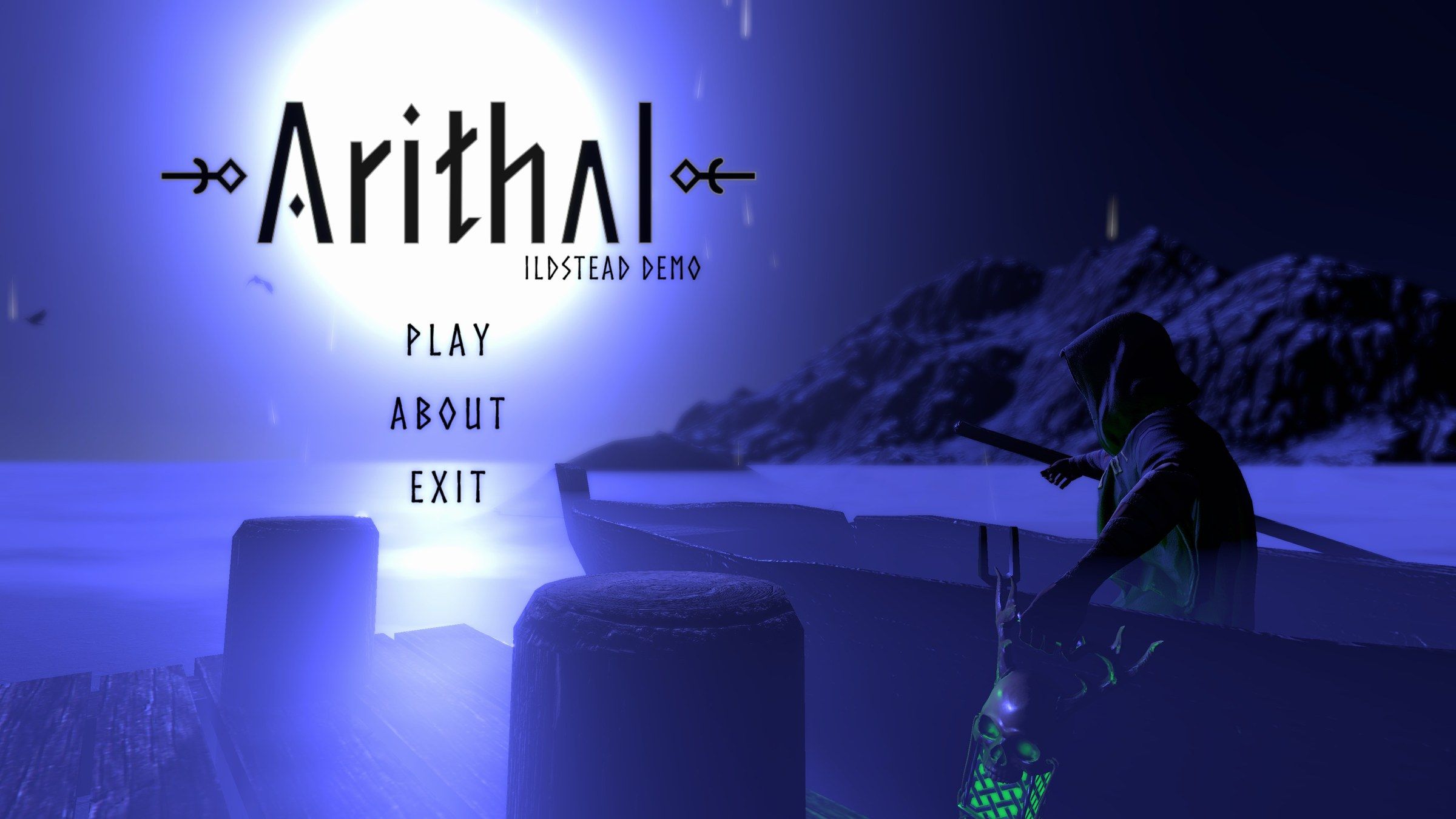 The Arithal title screen: a hooded figure on a moonlit snowy pier, with Play, About and Exit