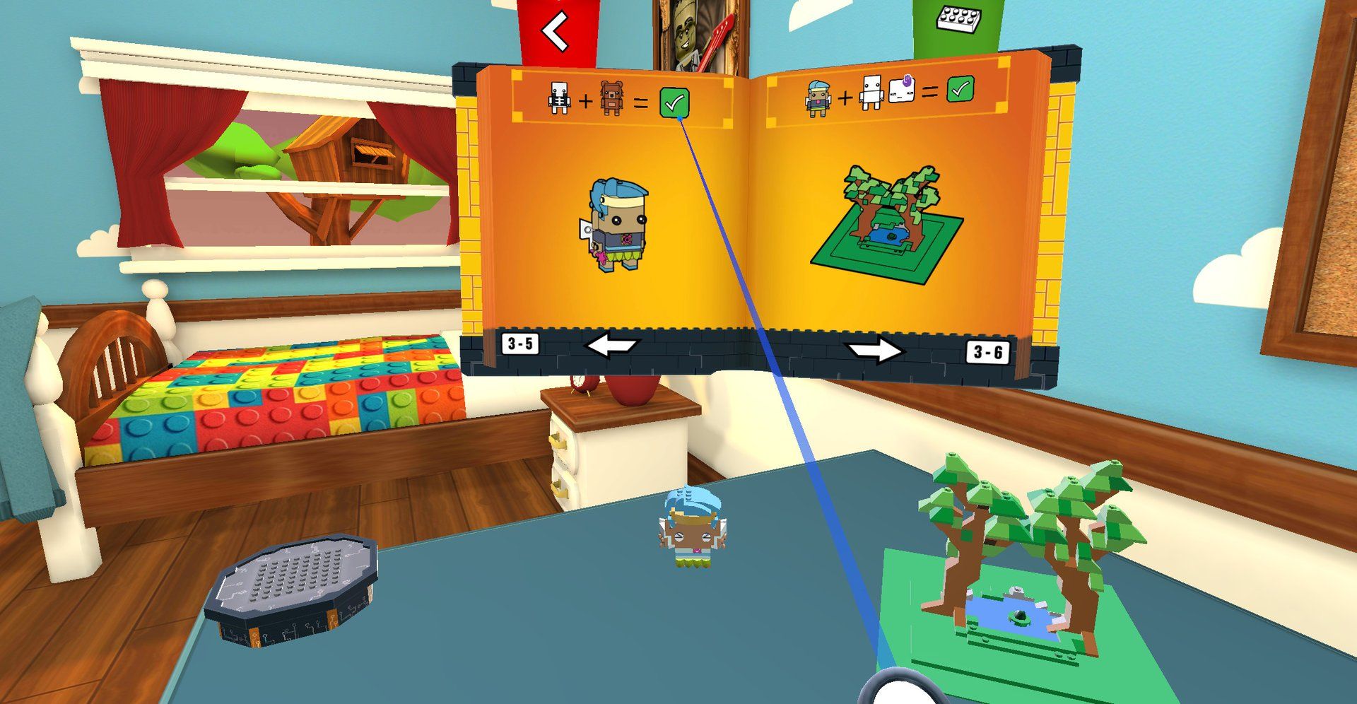 A storybook of building challenges floats in a cartoon bedroom