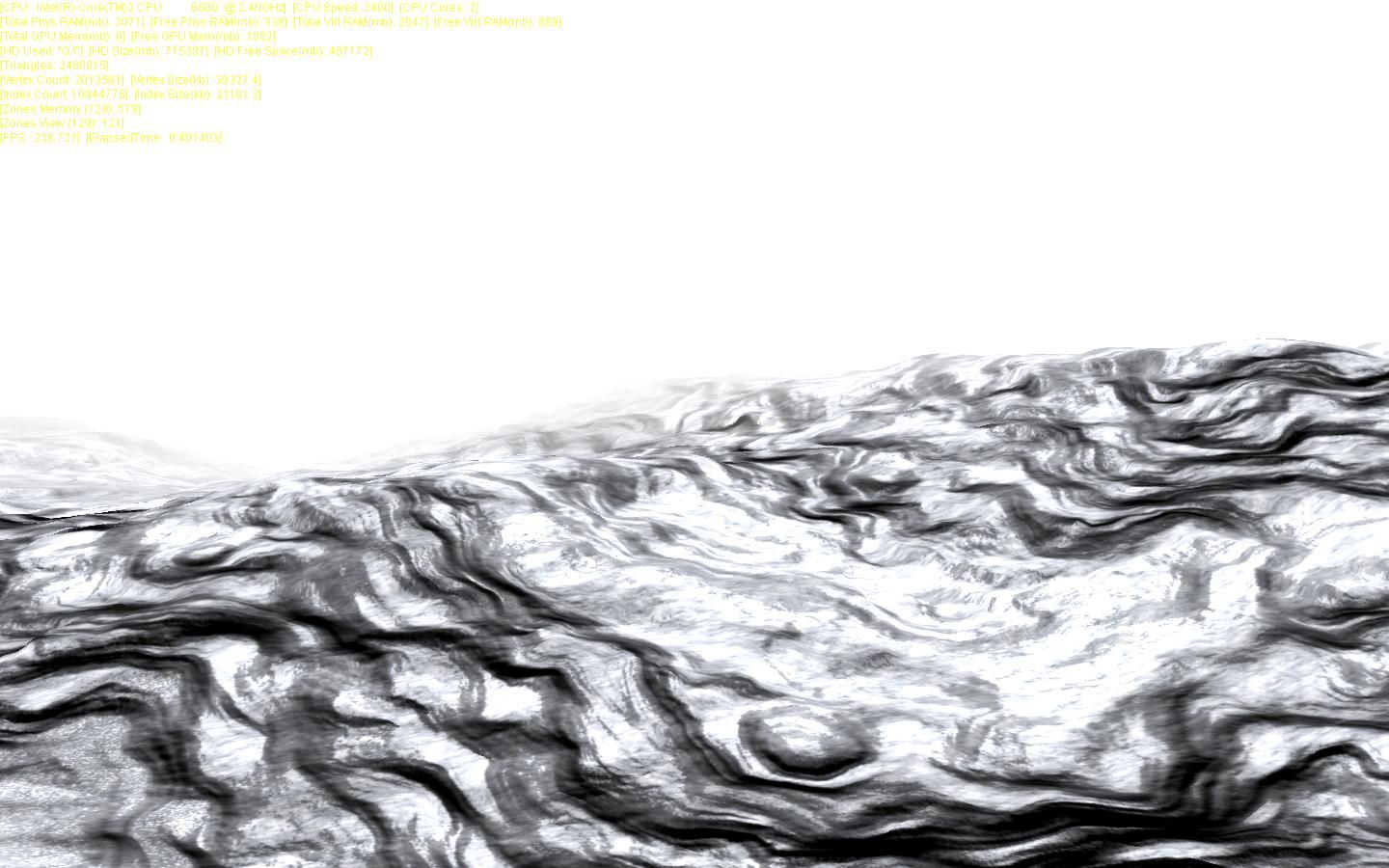 A grayscale heightmap terrain with debug stats