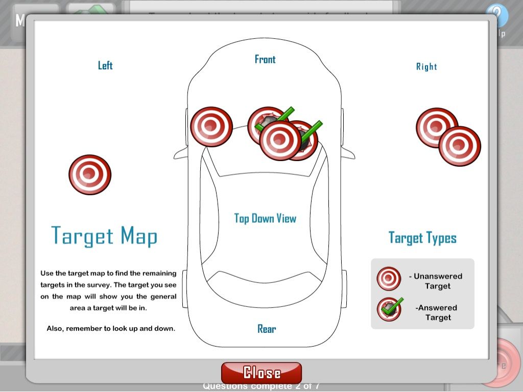 The VRoom 360 target map: a top-down car view with visibility targets