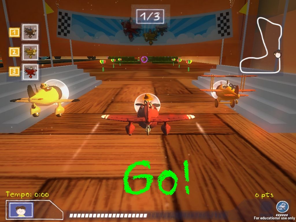A red toy plane at the starting line with "Go!" on screen