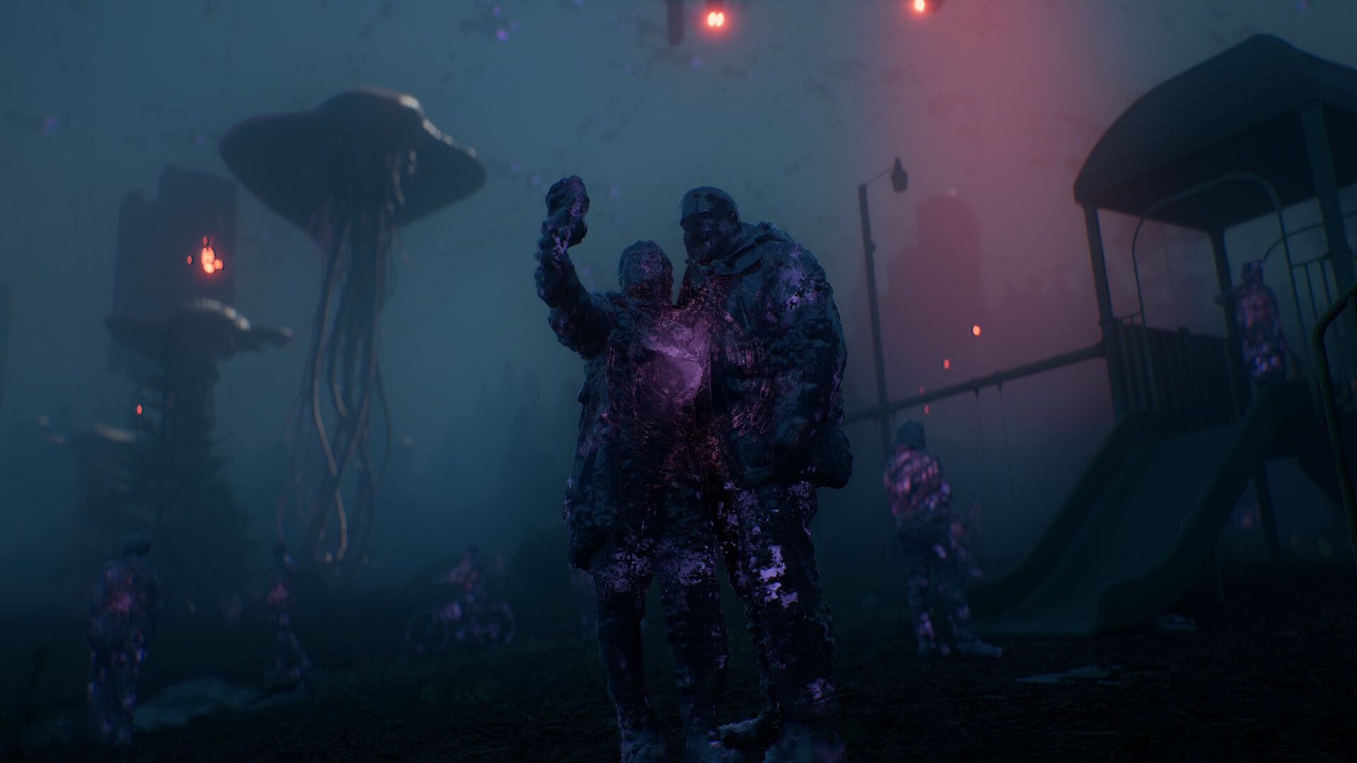 Hulking alien-infected figures stand beside a playground at night under a floating jellyfish-like craft