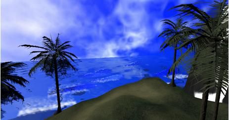 Real-time ocean waves rolling toward a palm-fringed beach