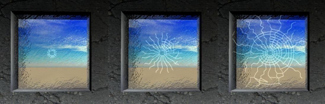 Three window panes showing a crack growing from a small hit to a full web