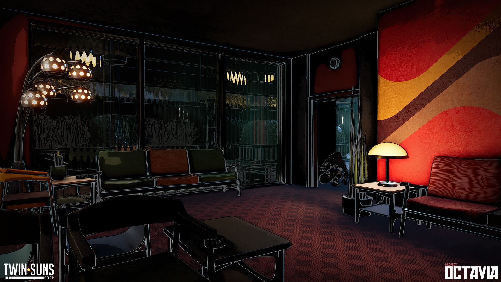 A dim 1970s-style lounge with mushroom lamps and an orange-striped wall