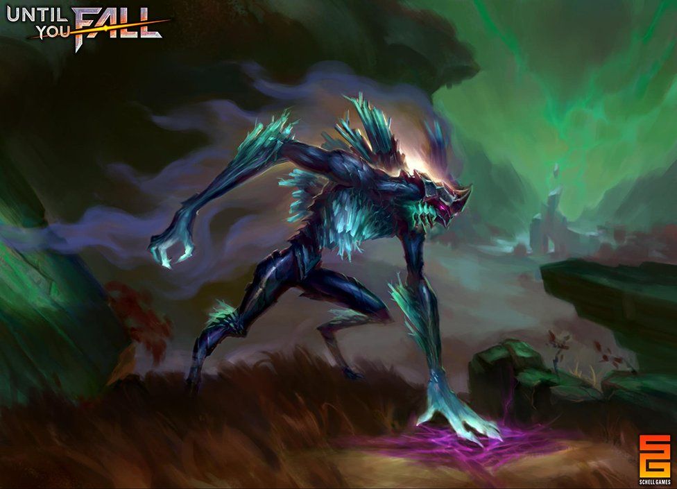Concept art of a lanky crystal-spined creature stalking through a misty forest