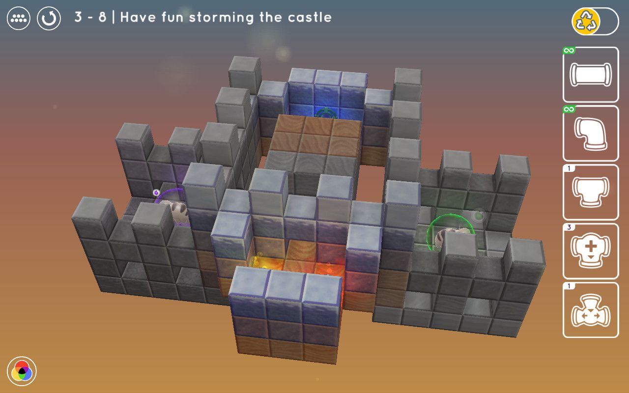 A castle puzzle made of grey blocks where pipes must carry water to a bear