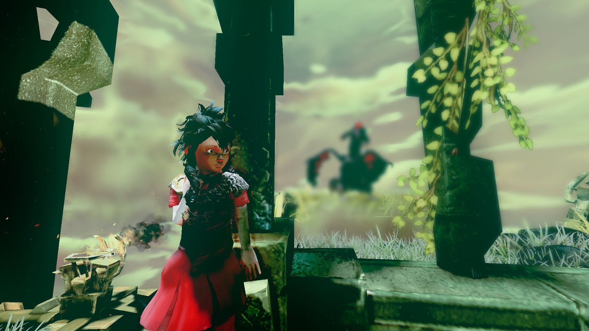 The heroine stands among overgrown stone pillars