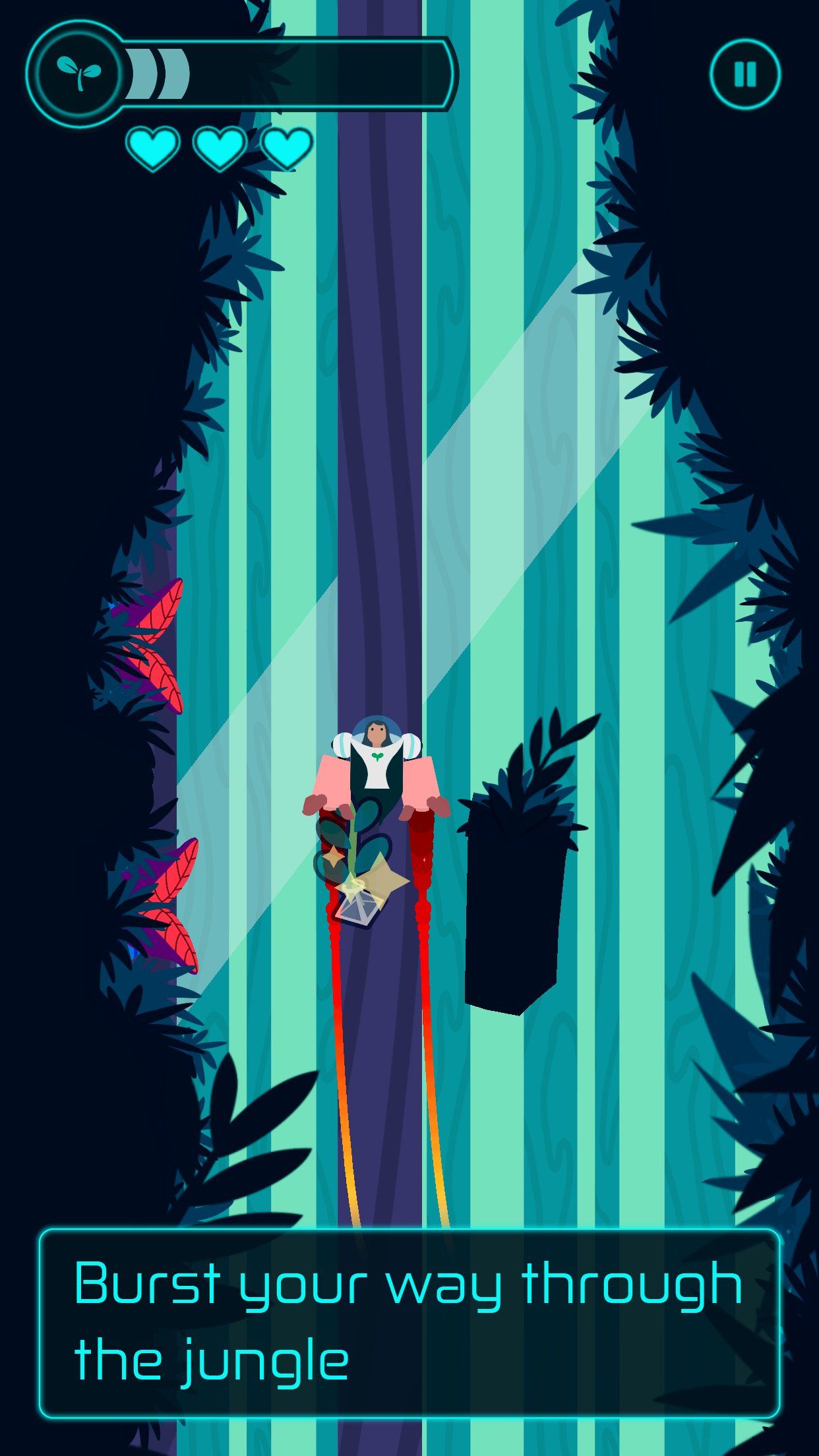 Bursting upward through a striped jungle shaft
