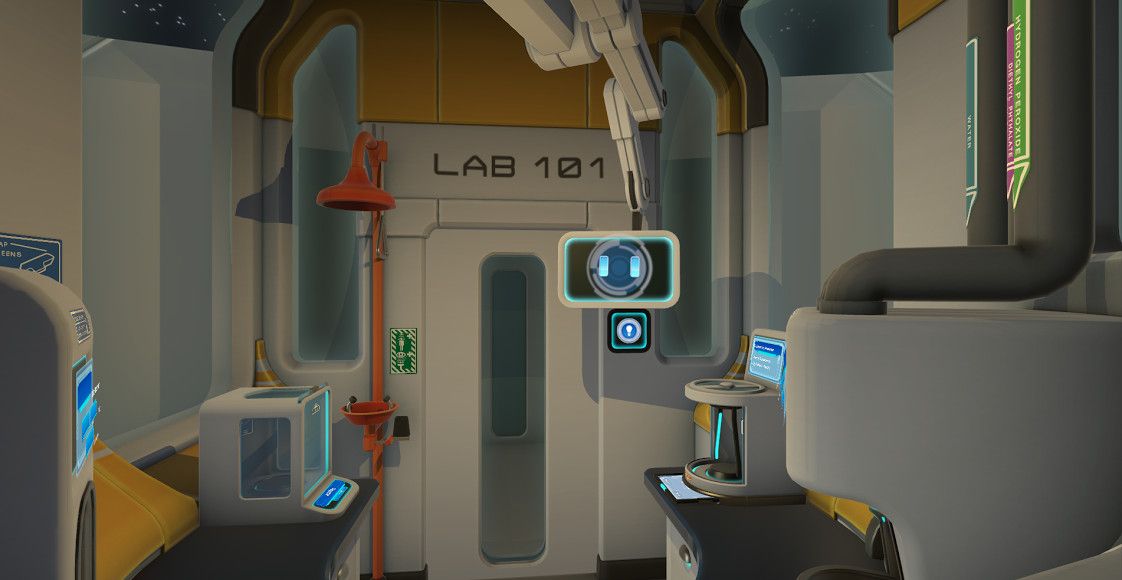 The Lab 101 door and safety shower in the SuperChem lab