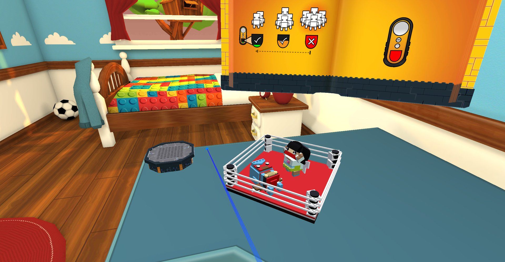 Building a LEGO wrestling ring on the play mat with a laser pointer