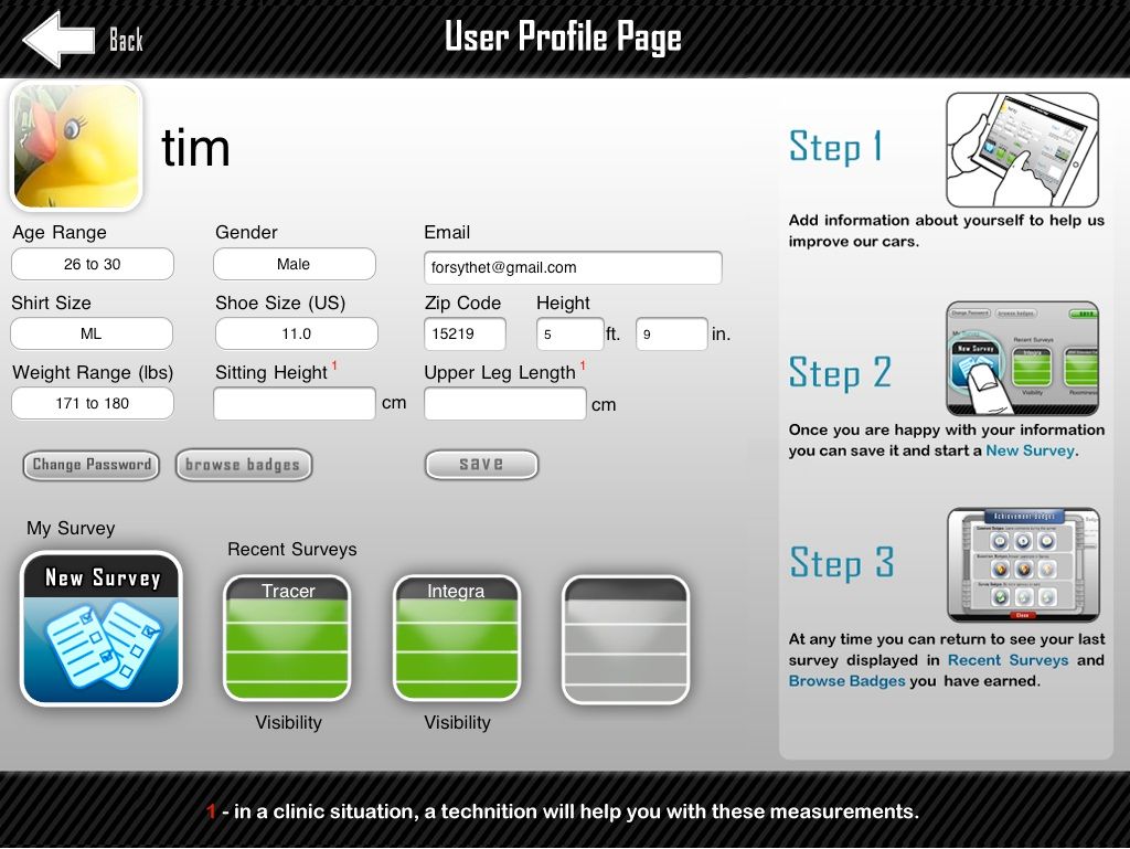 The user profile page of the survey app