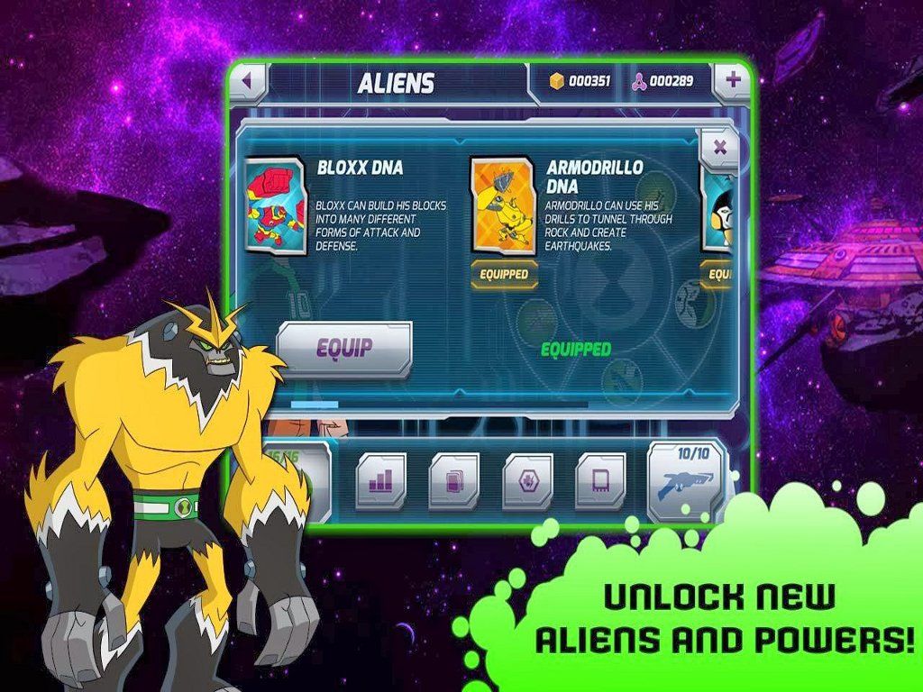 The alien selection screen with Bloxx and Armodrillo DNA cards