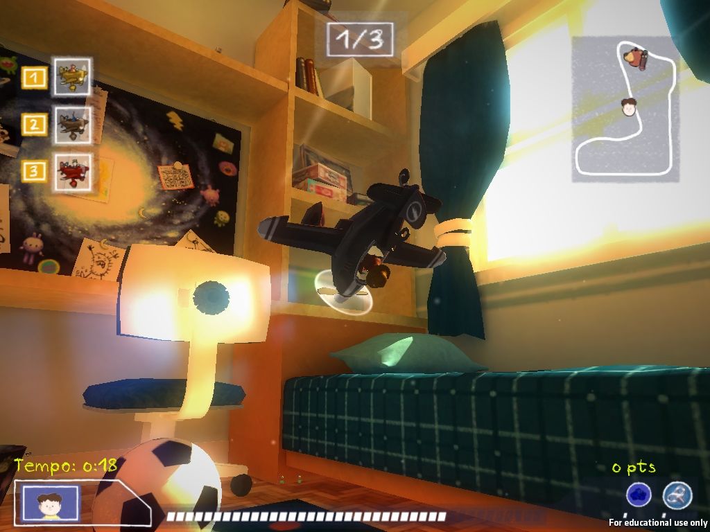A dark plane racing through a sunlit bedroom