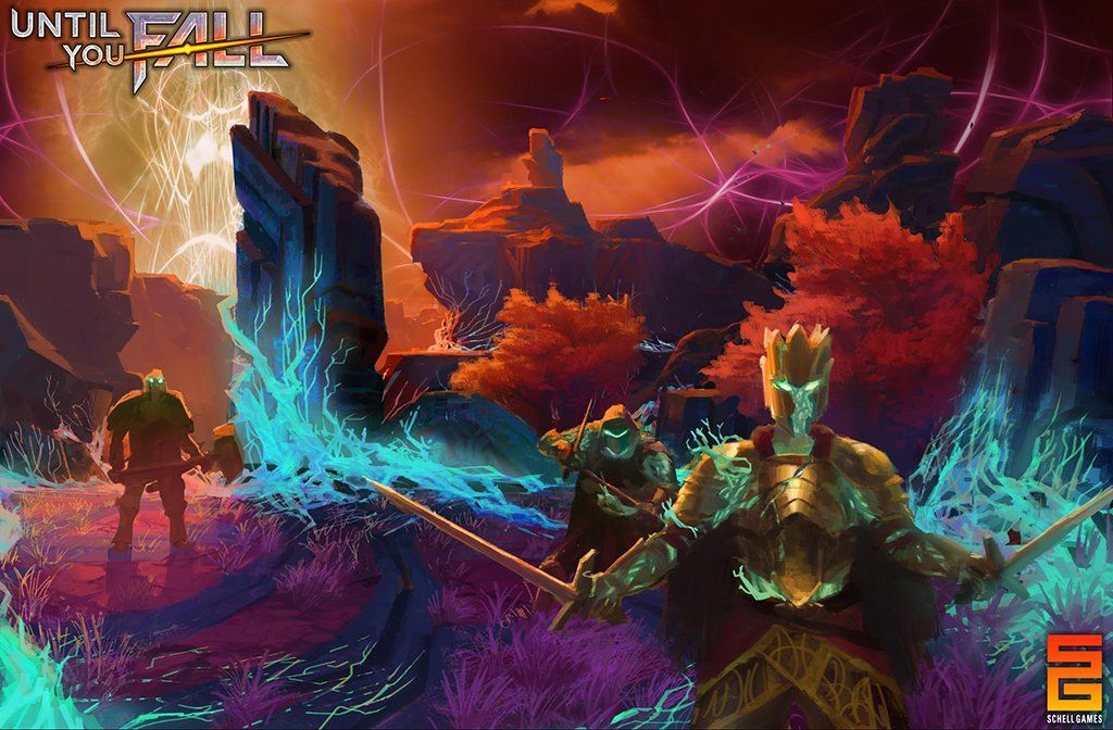 Key art of crystal-armored foes and a sword-wielding hero in a neon-lit ruin