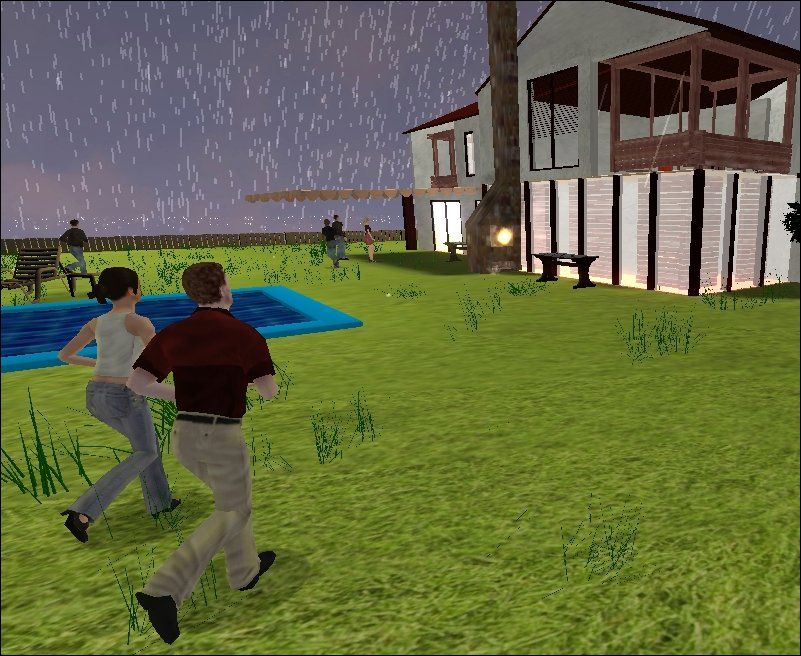 Virtual humans walking past a house and pool in the rain