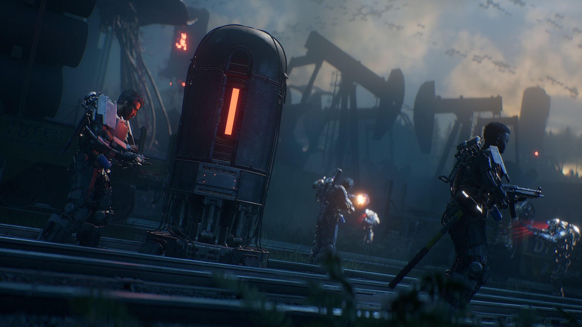 Armored crew members advance through an oil field at dusk past a glowing alien pod