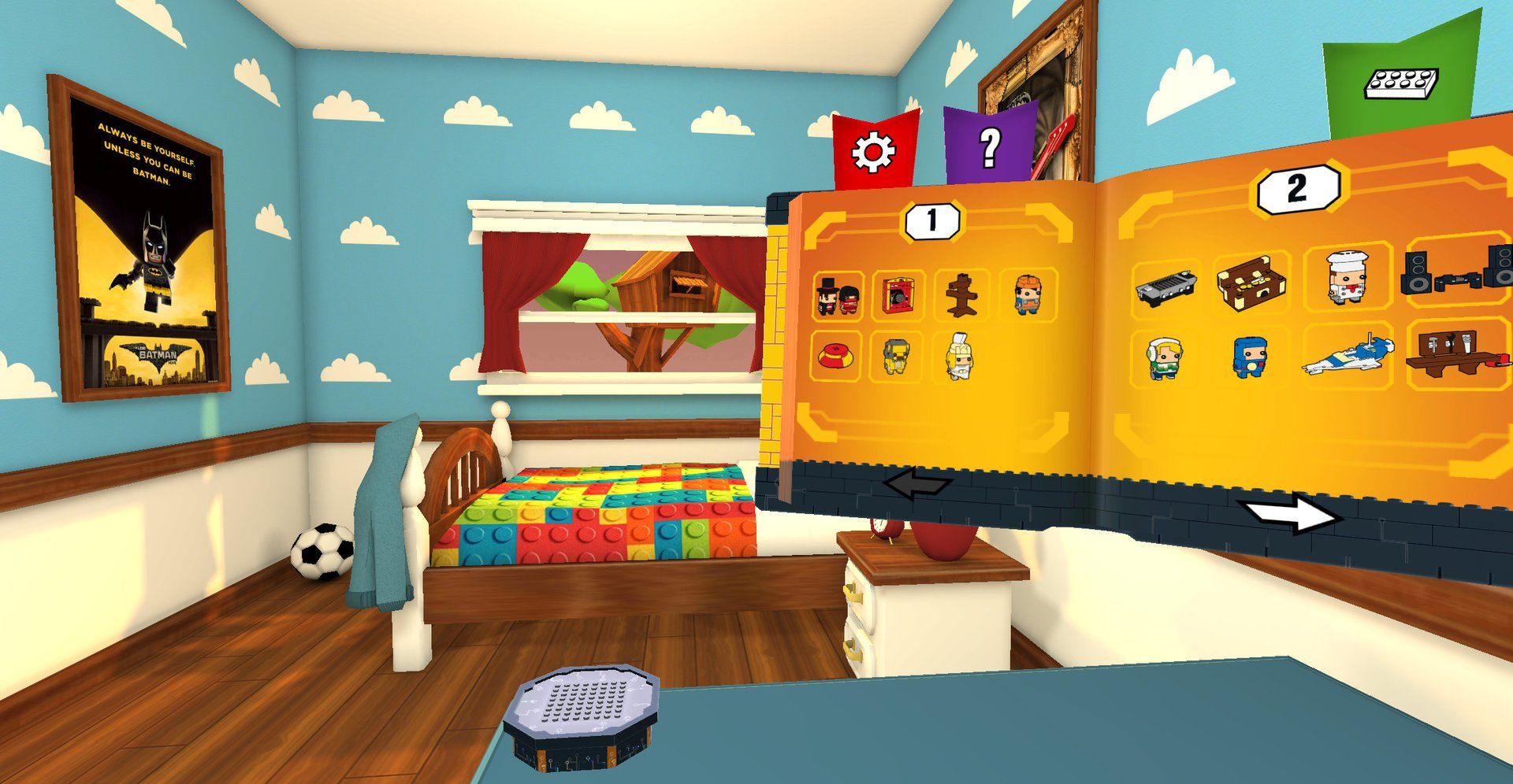 A challenge book with locked and unlocked builds in the bedroom