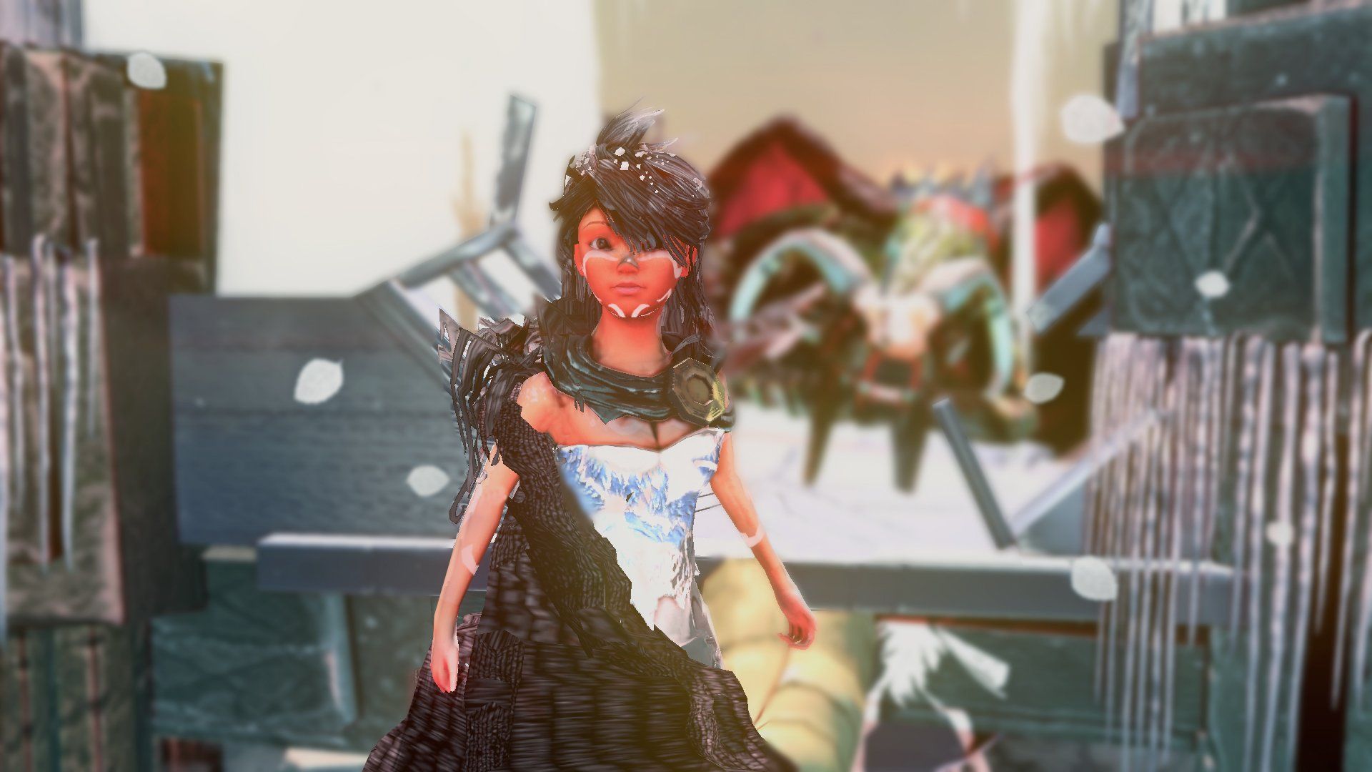 The grown-up heroine in a white dress, a dragon blurred behind her