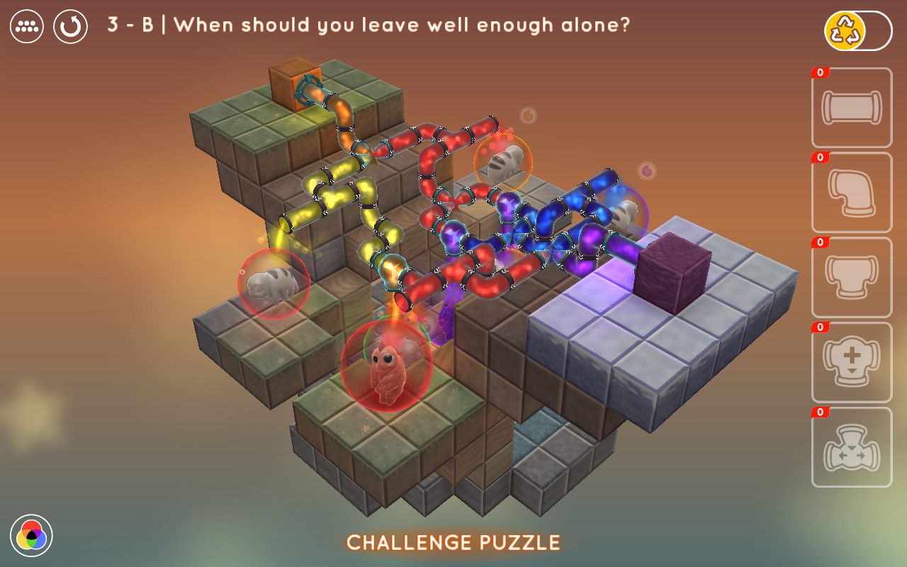 A challenge puzzle with glowing colored pipes connecting several bears