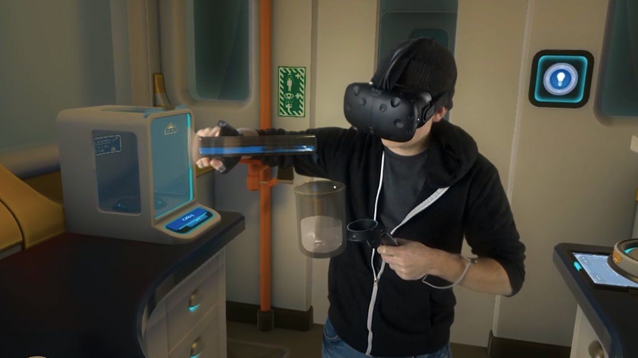 A player in a VR headset pours from a beaker at the lab bench