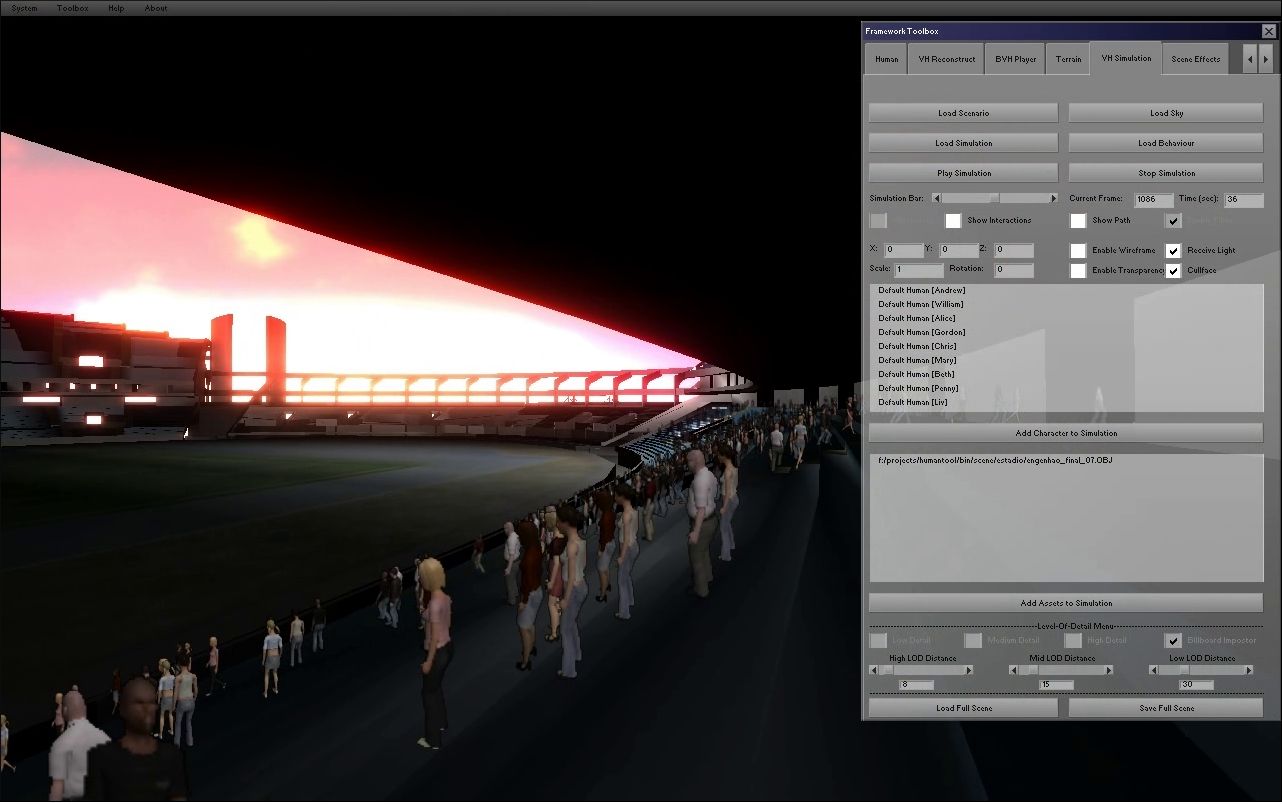 A crowd in a stadium at sunset, with the CrowdVis control panel