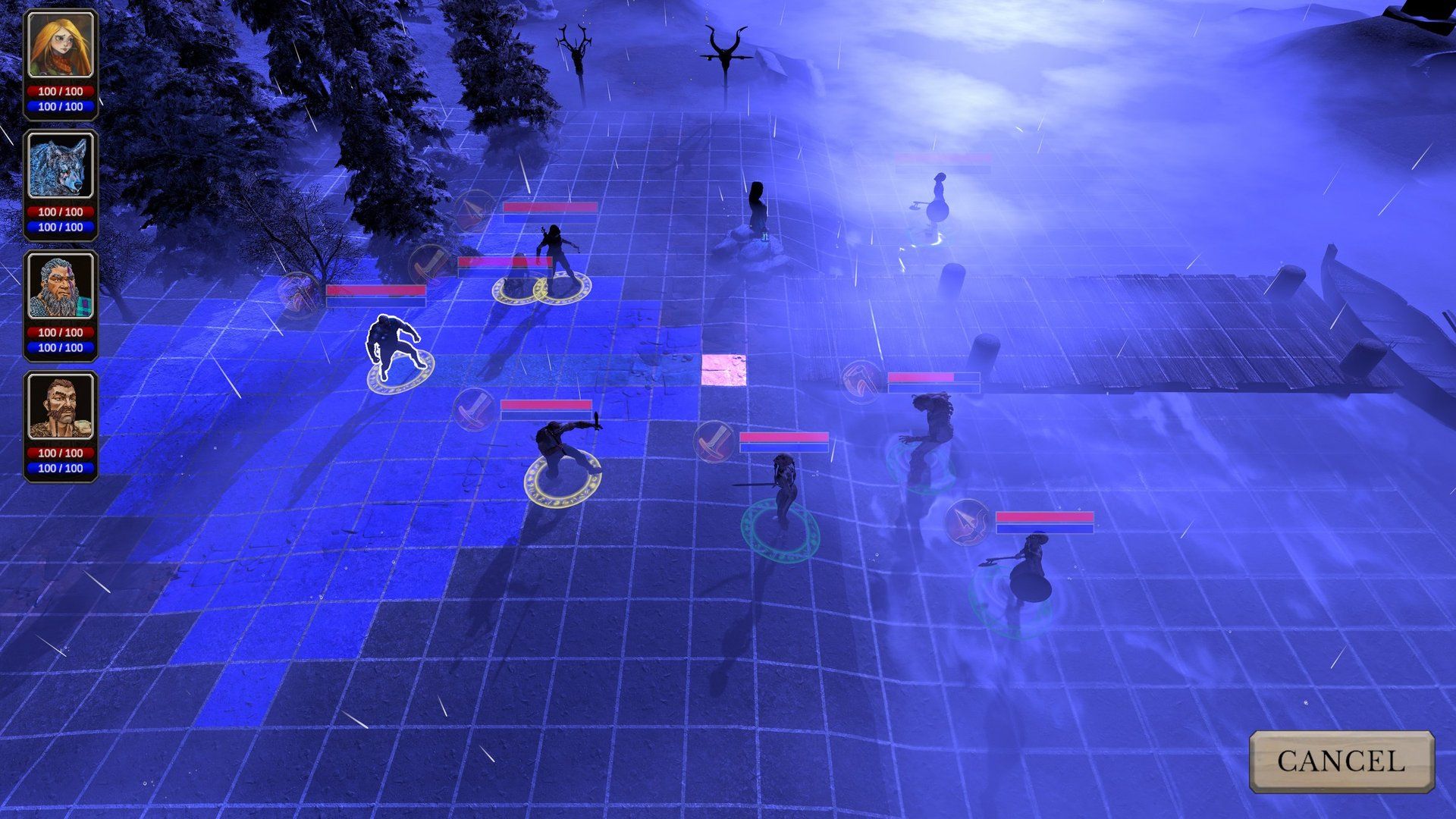Turn-based battle on a glowing tactical grid in the snow, with party portraits on the left