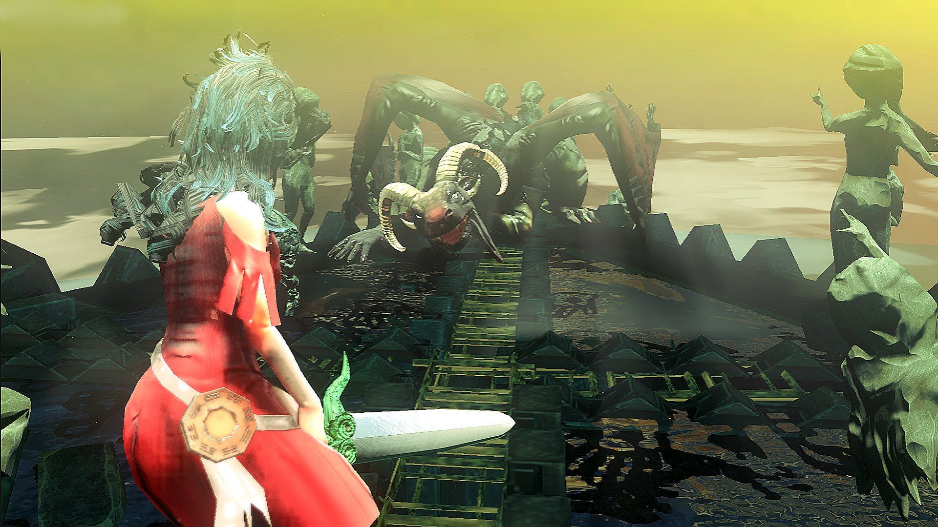 The heroine with a sword faces a stone dragon on a hazy bridge