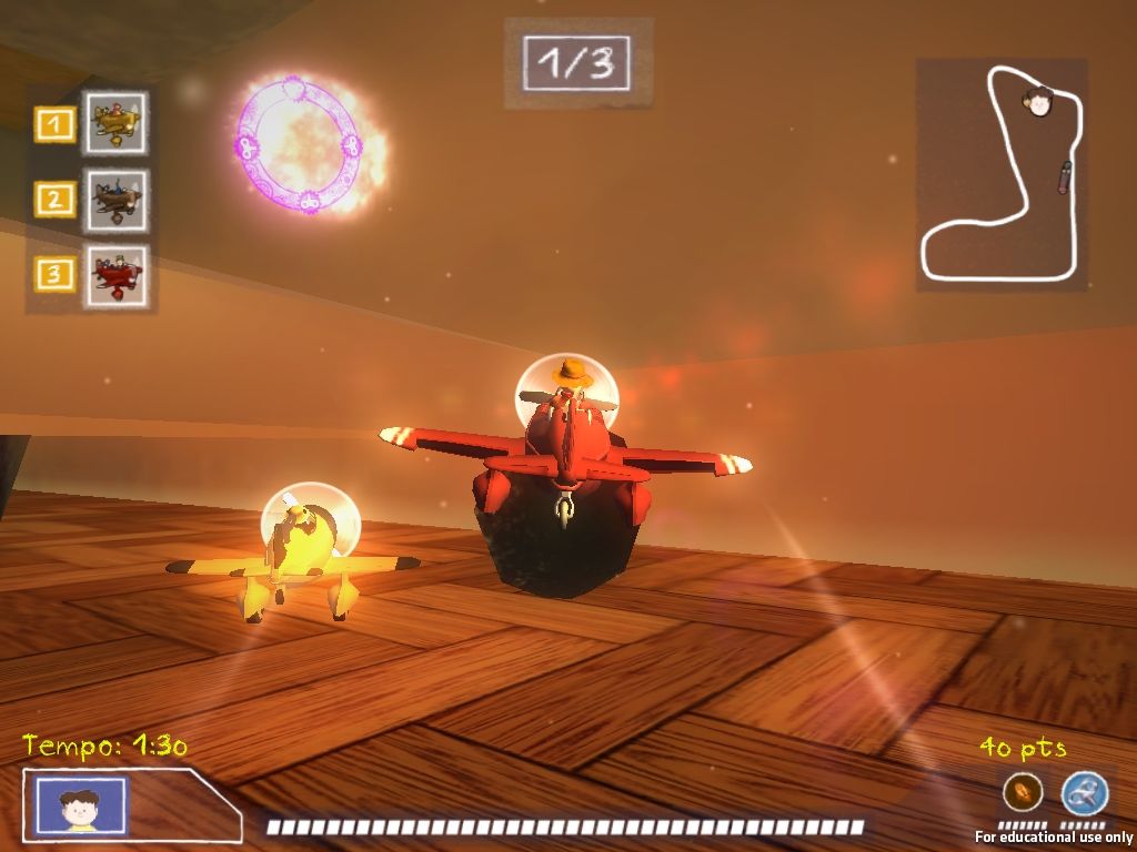 Two planes chasing a glowing ring over a wooden floor