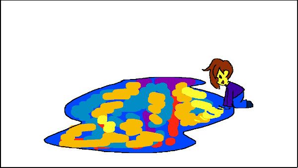 A drawn character lying in a colorful puddle