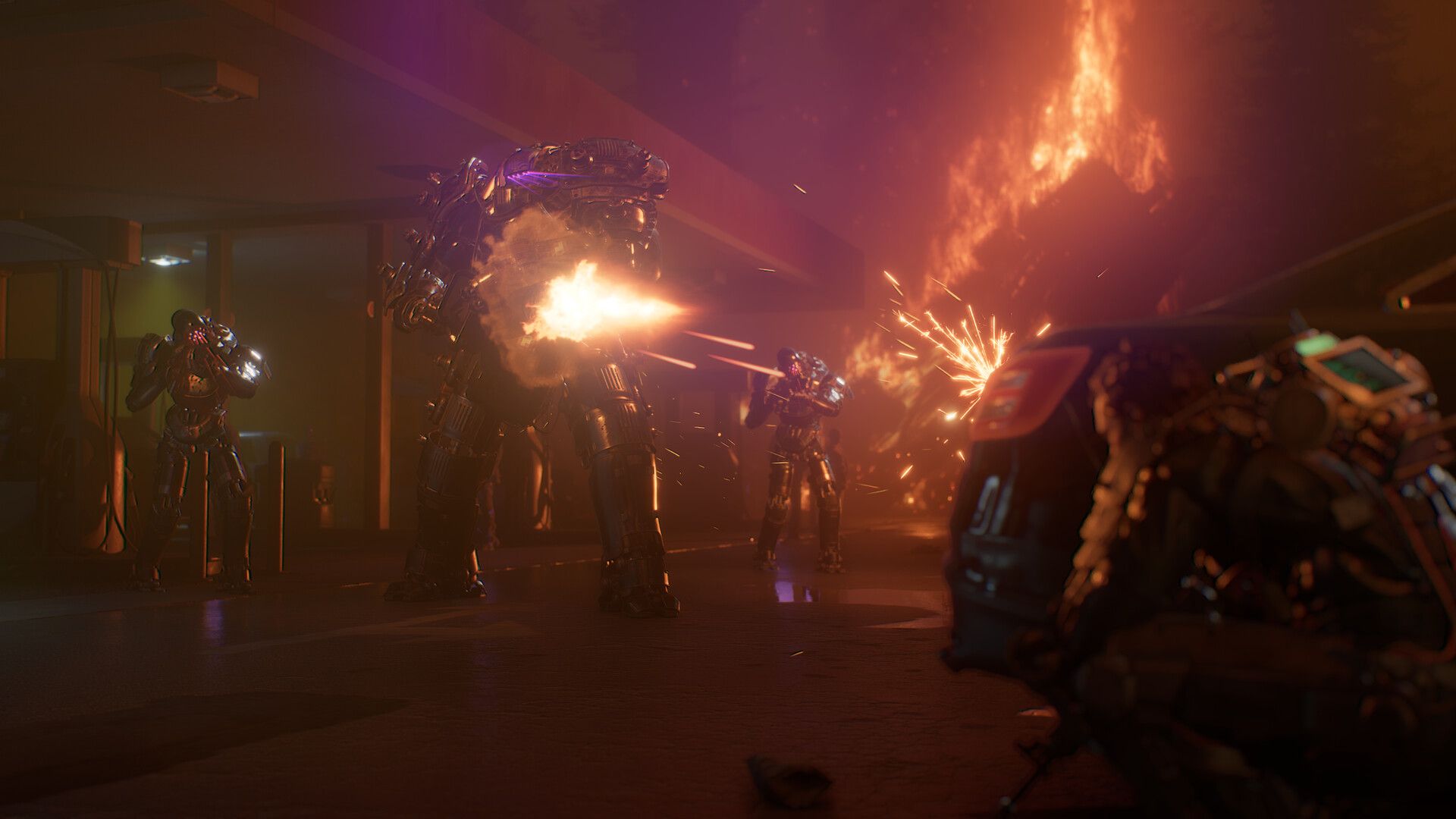 The crew trades fire with a large armored alien in a burning street at night