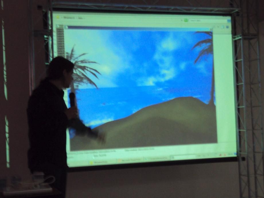 Henry demonstrating the real-time waves on a projector