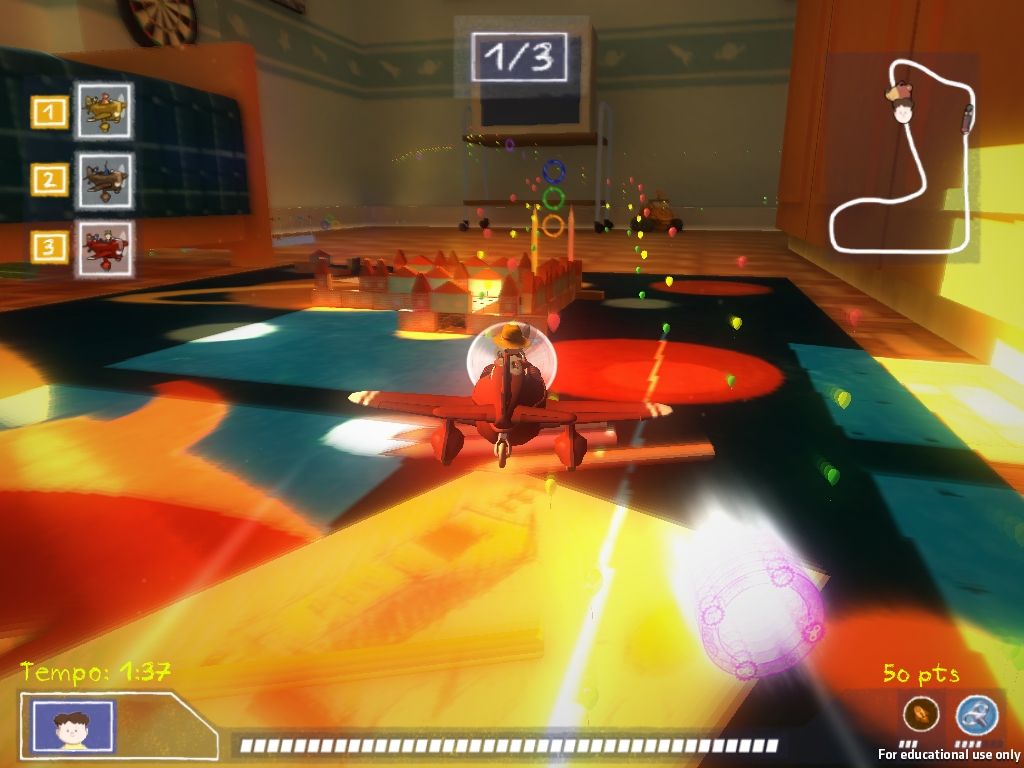 The red plane speeding across a bright rug toward a power-up