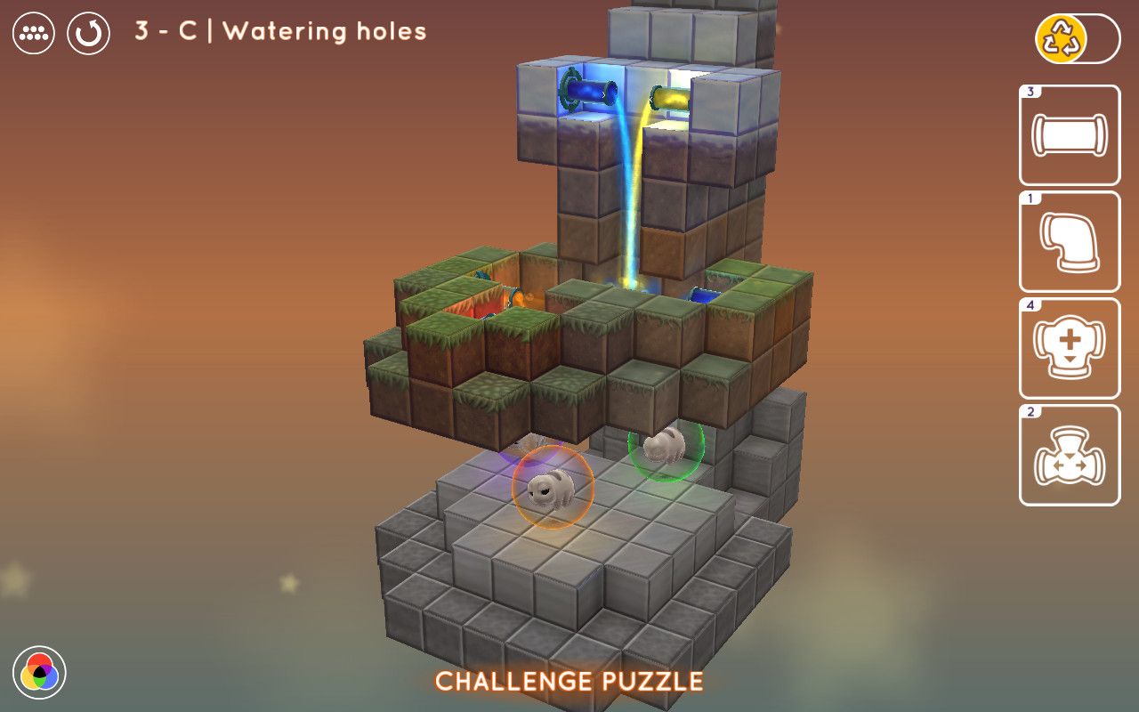 A challenge puzzle where water pours down a tower into a bear's bubble