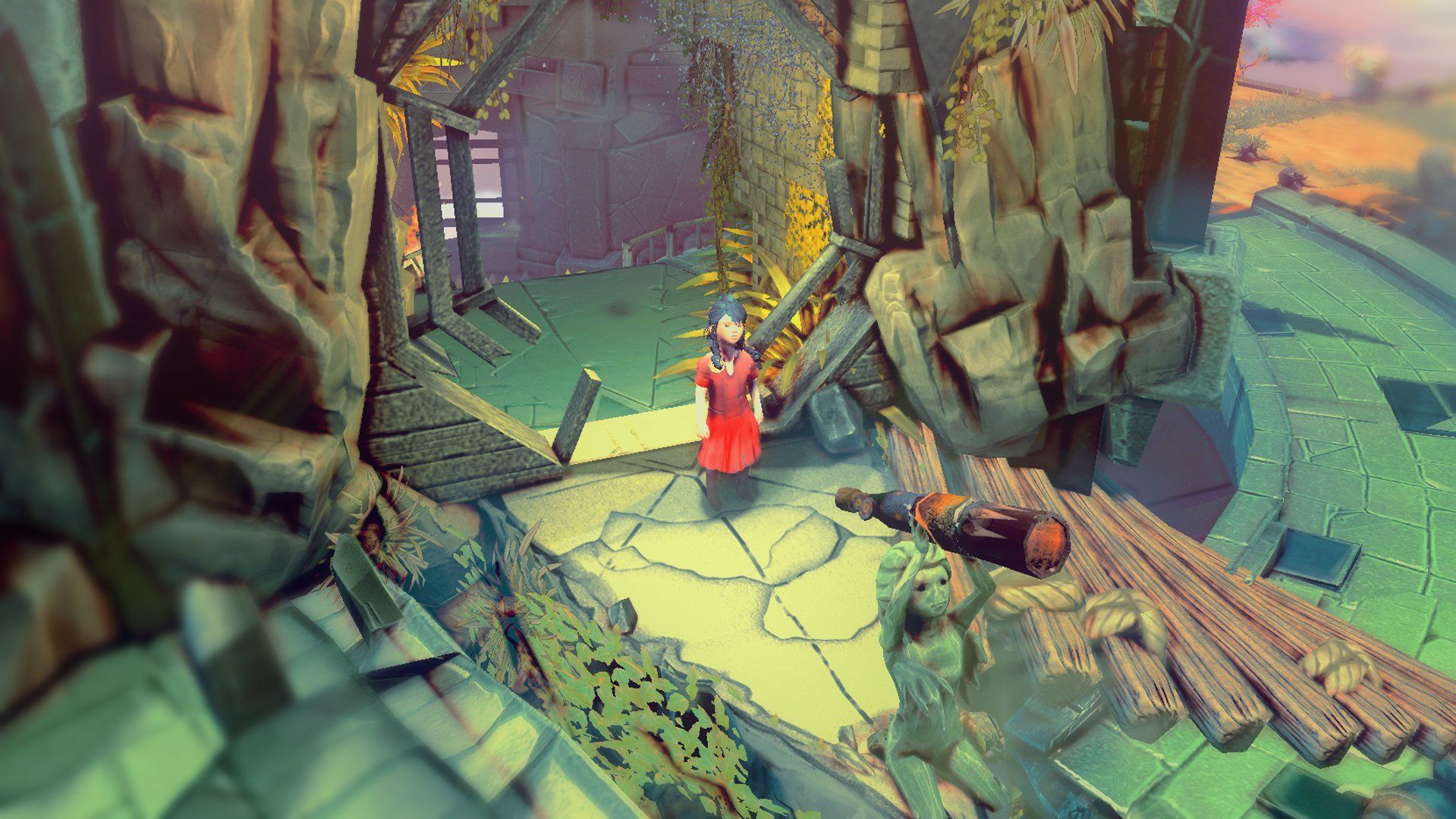 The heroine crosses a sunlit stone courtyard