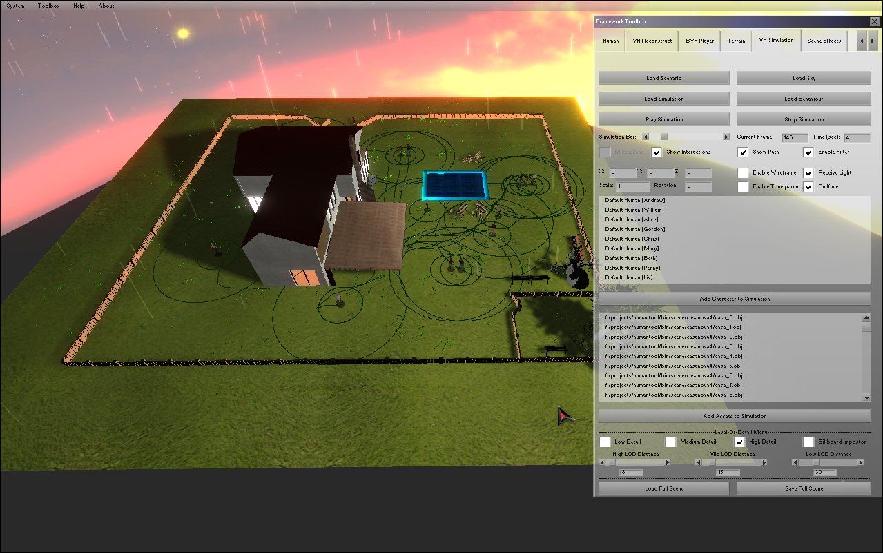 A top-down view of agent paths around a house, with the control panel