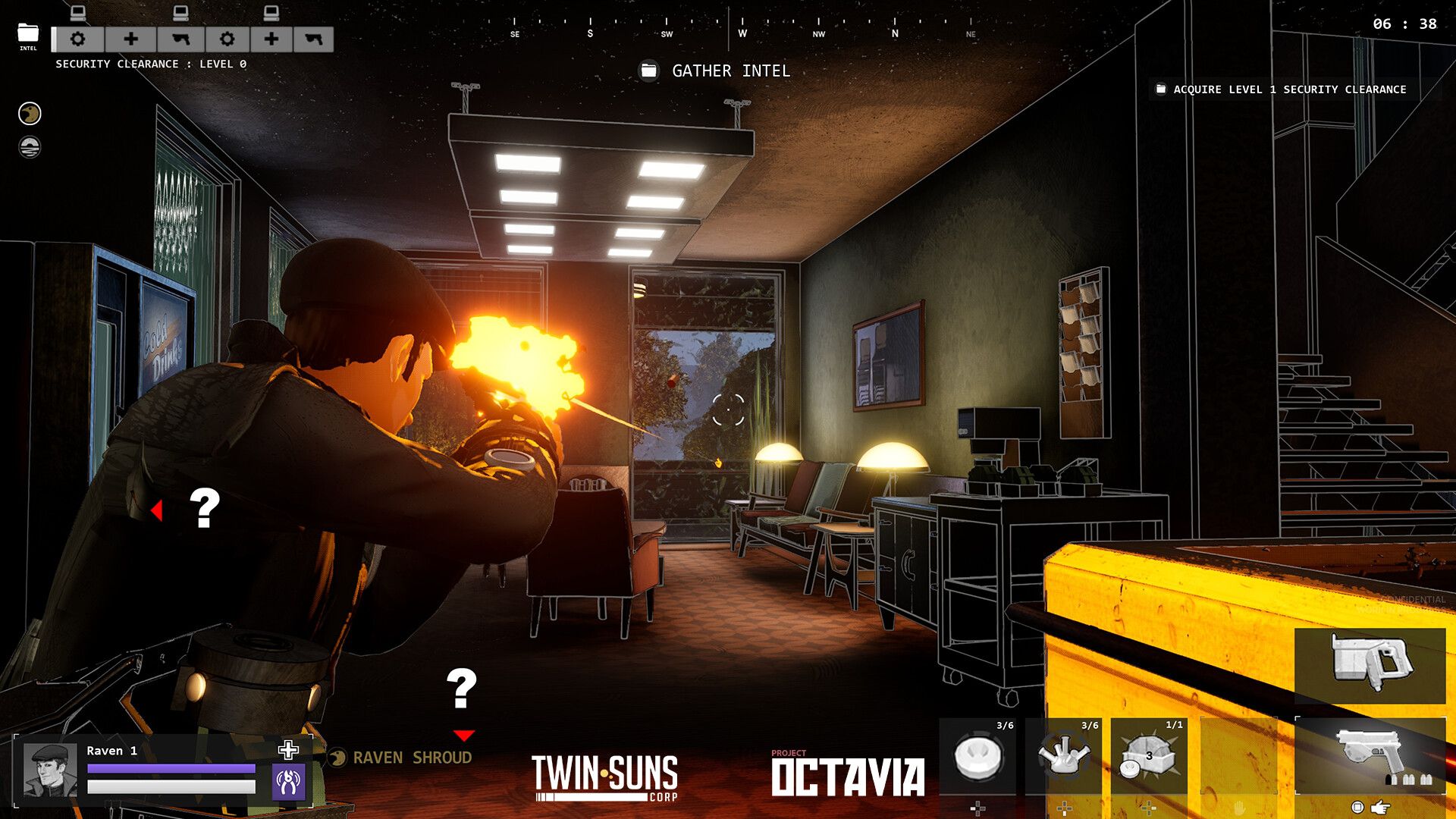 Over-the-shoulder view of an agent firing a pistol in a lobby while the mission HUD reads Gather intel