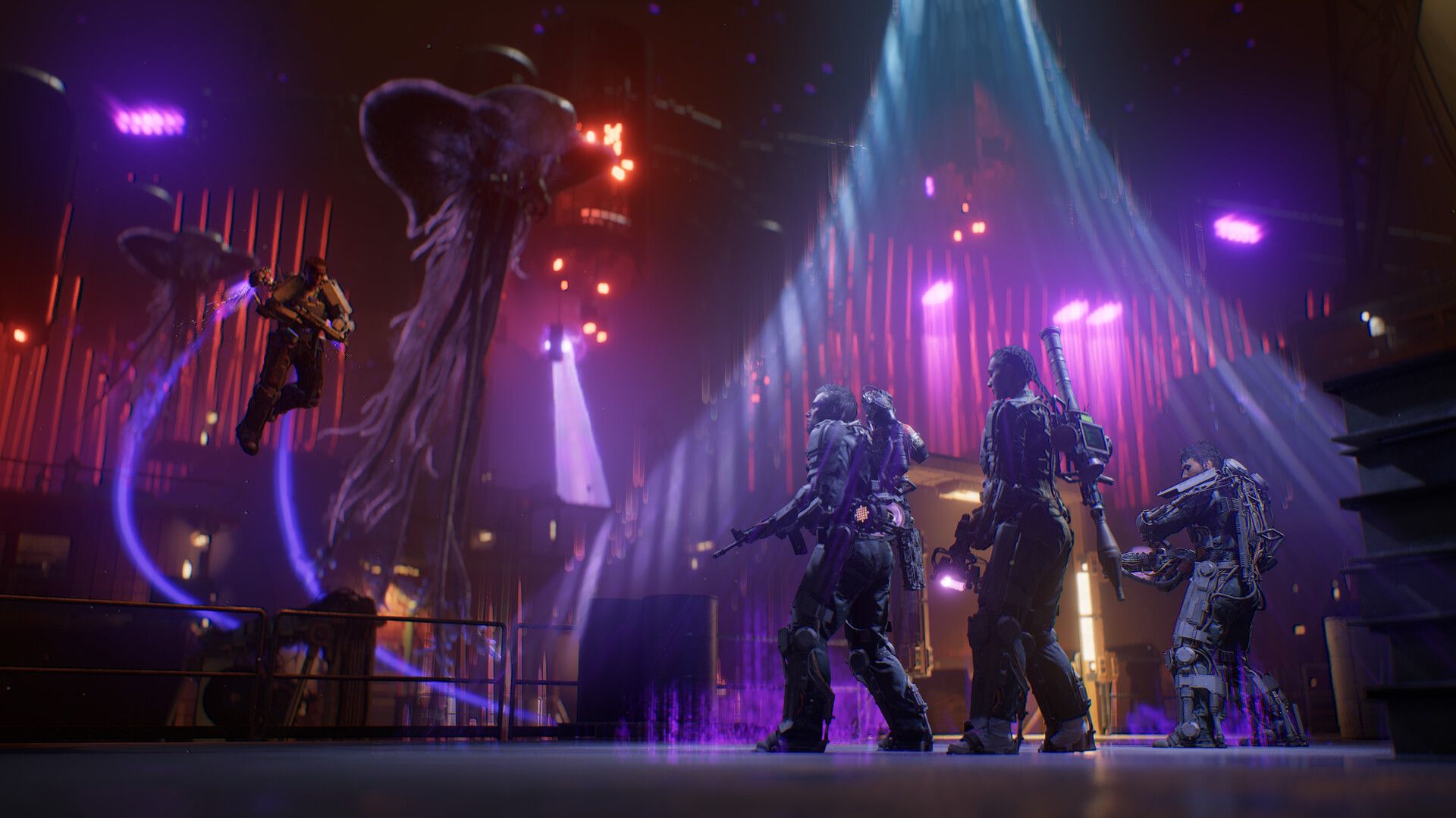 Four armored players stand in a purple-lit hall as tentacled alien craft hover overhead
