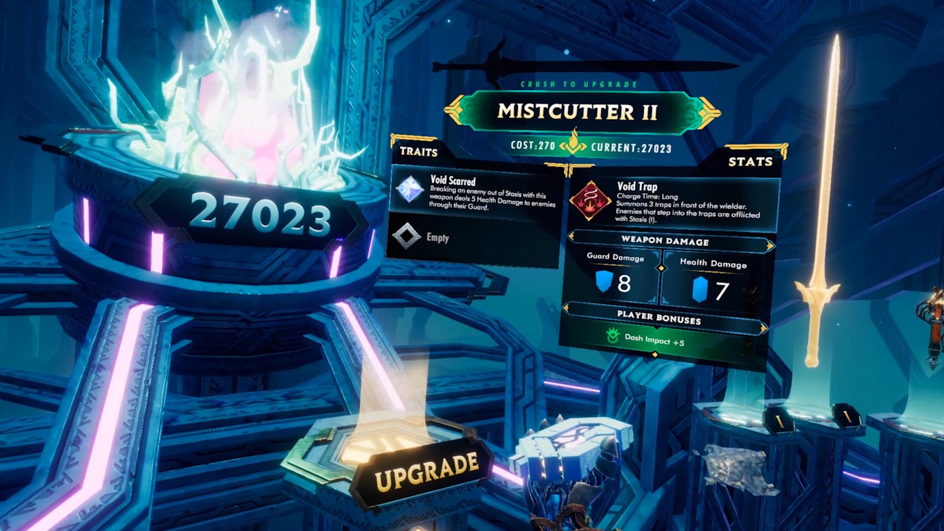 The upgrade forge: a sword named Mistcutter II with its traits and stats panel