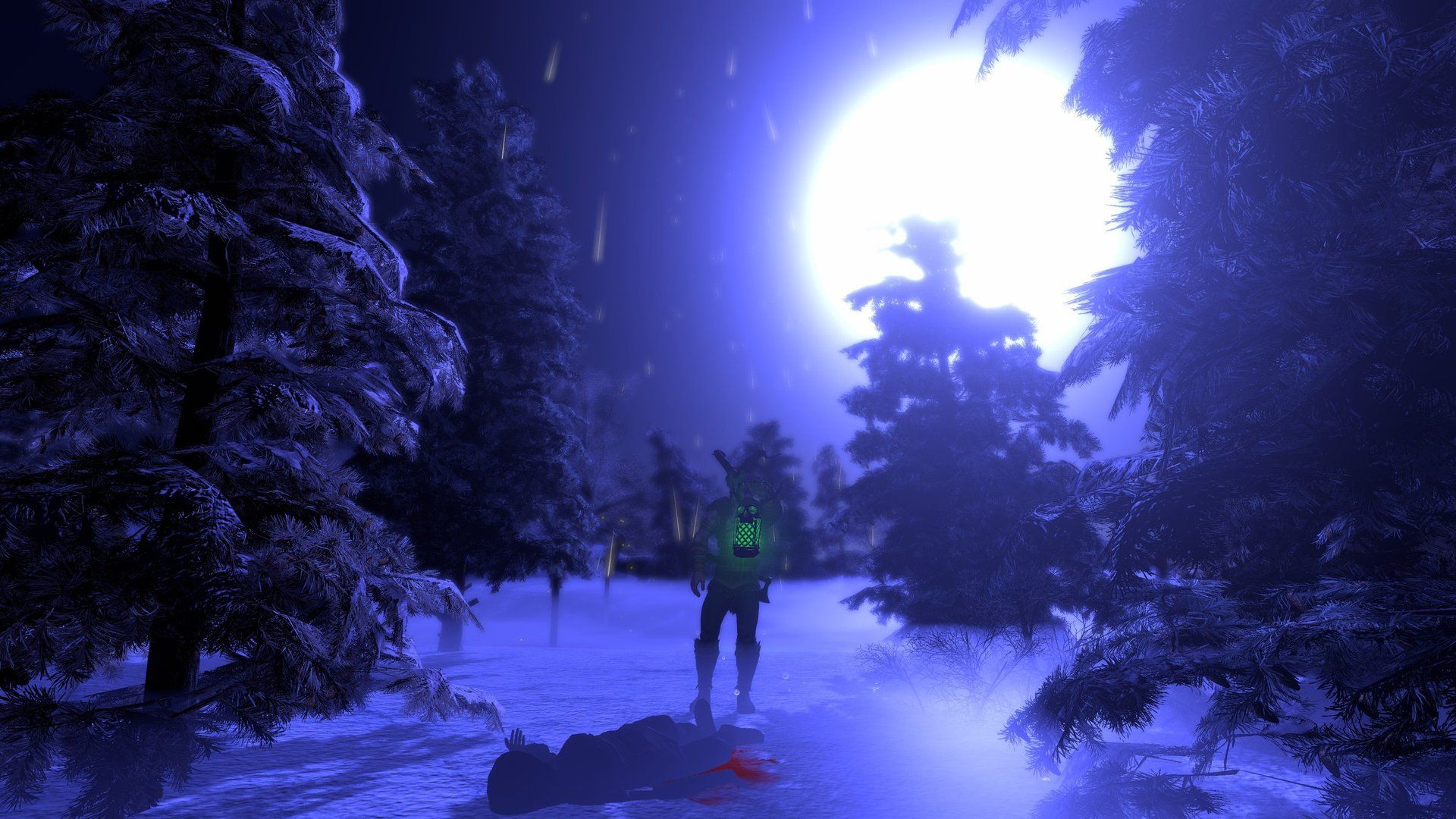 A lone figure under a full moon in a snowy pine forest
