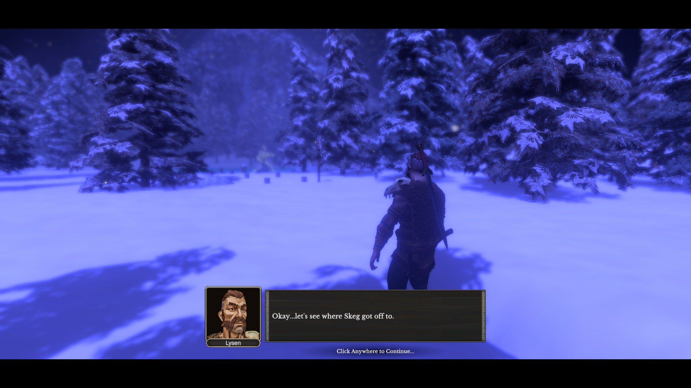 Dialogue in the snow: a portrait and a line of text beneath a cloaked character