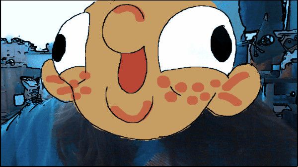 A drawn cartoon face covering a person's face on webcam