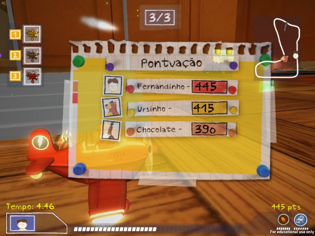 The race scoreboard in Portuguese showing three players' points