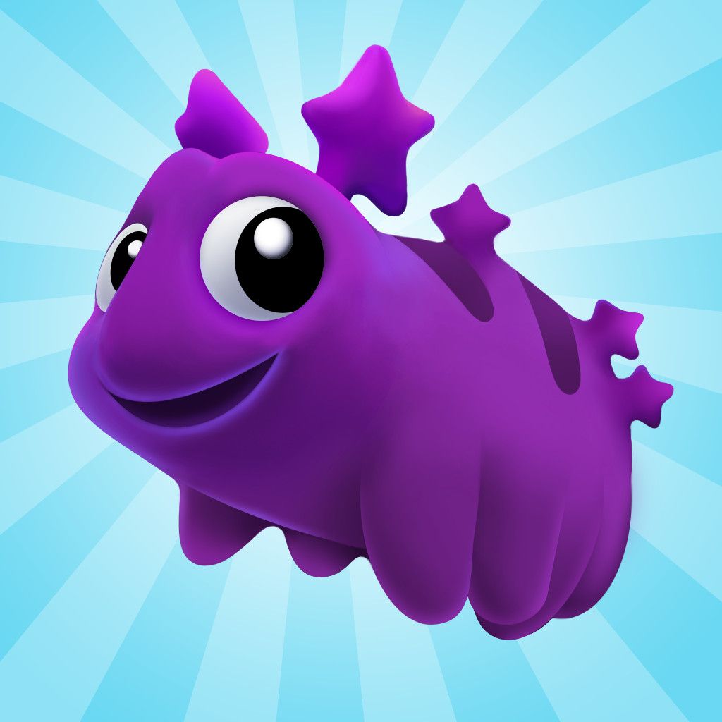 A purple water bear character portrait on a blue background